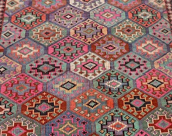 Tappeto Kilim Vintage 6x9, tappeto in lana tessuto a mano, tappeto boho, Kilim turco, tappeto dai toni della terra, tappeto geometrico, 6'1" x 9'4"