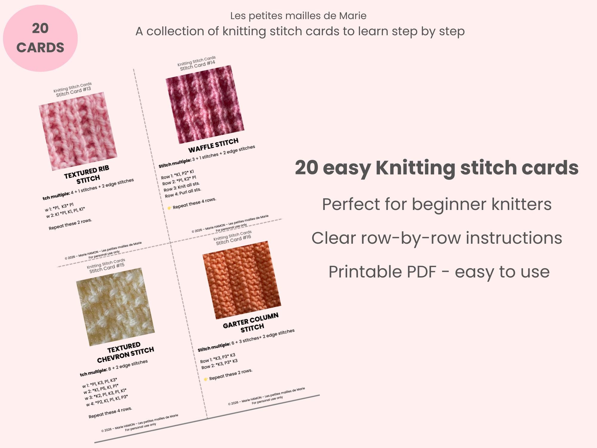 20 Easy Knitting Stitch Cards – Beginner Knitting Stitches – Printable ...