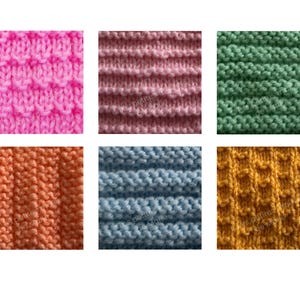 Peut inclure: Collection de six échantillons de tissu tricoté de différentes couleurs et textures. Les couleurs comprennent le rose, le mauve, le vert, l'orange, le bleu clair et l'or. Chaque échantillon présente un motif de point différent, un guide visuel des techniques de tricot.