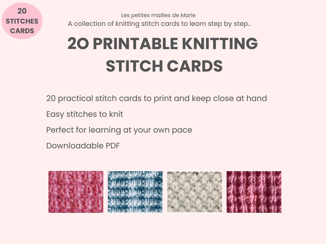 20 Easy Knitting Stitch Cards – Beginner Knitting Stitches – Printable ...
