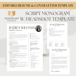Editable 2-Page Resume and Cover Letter Template - Script Monogram w/ Headshot Design - The Devine Edit