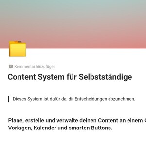 Könnte beinhalten: Digitalgrafik mit dem Text "Content System für Selbstständige" und weiterem deutschen Text. Das Bild enthält ein gelbes Ordnersymbol und einen Farbverlaufshintergrund aus Rosa, Orange und Grün.