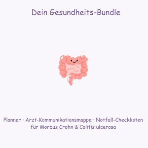May include: A digital download graphic with the text "Chronisch ruhig" and "Dein Gesundheits-Bundle". It features a cartoon illustration of a smiling intestine. The text below lists "Planner, Arzt-Kommunikationsmappe, Notfall-Checklisten für Morbus Crohn & Colitis ulcerosa".