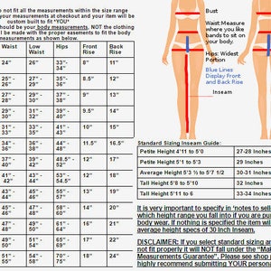 May include: A detailed size chart with measurements for clothing, including bust, waist, and hip sizes, with a guide for inseam lengths. The chart includes sizes from XXS to 8X, with measurements in inches.