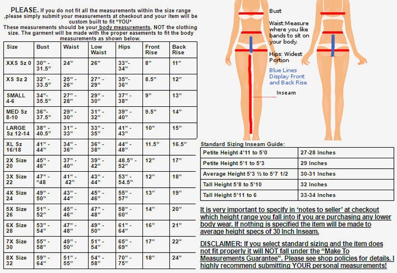 May include: A detailed size chart with measurements for clothing, including bust, waist, and hip sizes, with a guide for inseam lengths. The chart includes sizes from XXS to 8X, with measurements in inches.