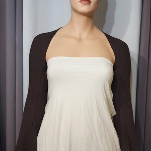 Yoga Shrug-Ballet Arms-Bolero in Cocoa Brown Organic Cotton/Bamboo Stretch Jersey. Flared Sleeve, Size Med/Large