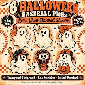May include: A digital bundle of 6 Halloween baseball PNGs featuring white ghosts in various poses. One ghost wears a foam finger, one holds a baseball, one carries a pennant, one wears a batting helmet with a bat, one wears a catcher's mask, and one holds a pumpkin bucket.