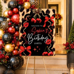 Cheetah Print Birthday Welcome Sign | Cherry Coquette Black Bow Party Decor | Leopard Print | Editable Canva Template | Digital Download