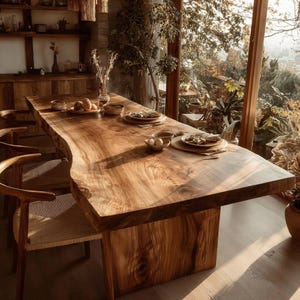 May include: A large, solid wood dining table with a live edge, showcasing natural wood grain. The table is supported by a thick, rectangular base. Wooden chairs with woven seats surround the table. The room features a large window with a view of greenery.