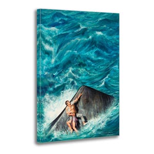 May include: A canvas print depicts a dramatic scene of a submarine in a turbulent sea. A man and woman cling to the submarine as large waves crash around them. The artwork features a vintage aesthetic with a focus on the dynamic interplay of water and figures.