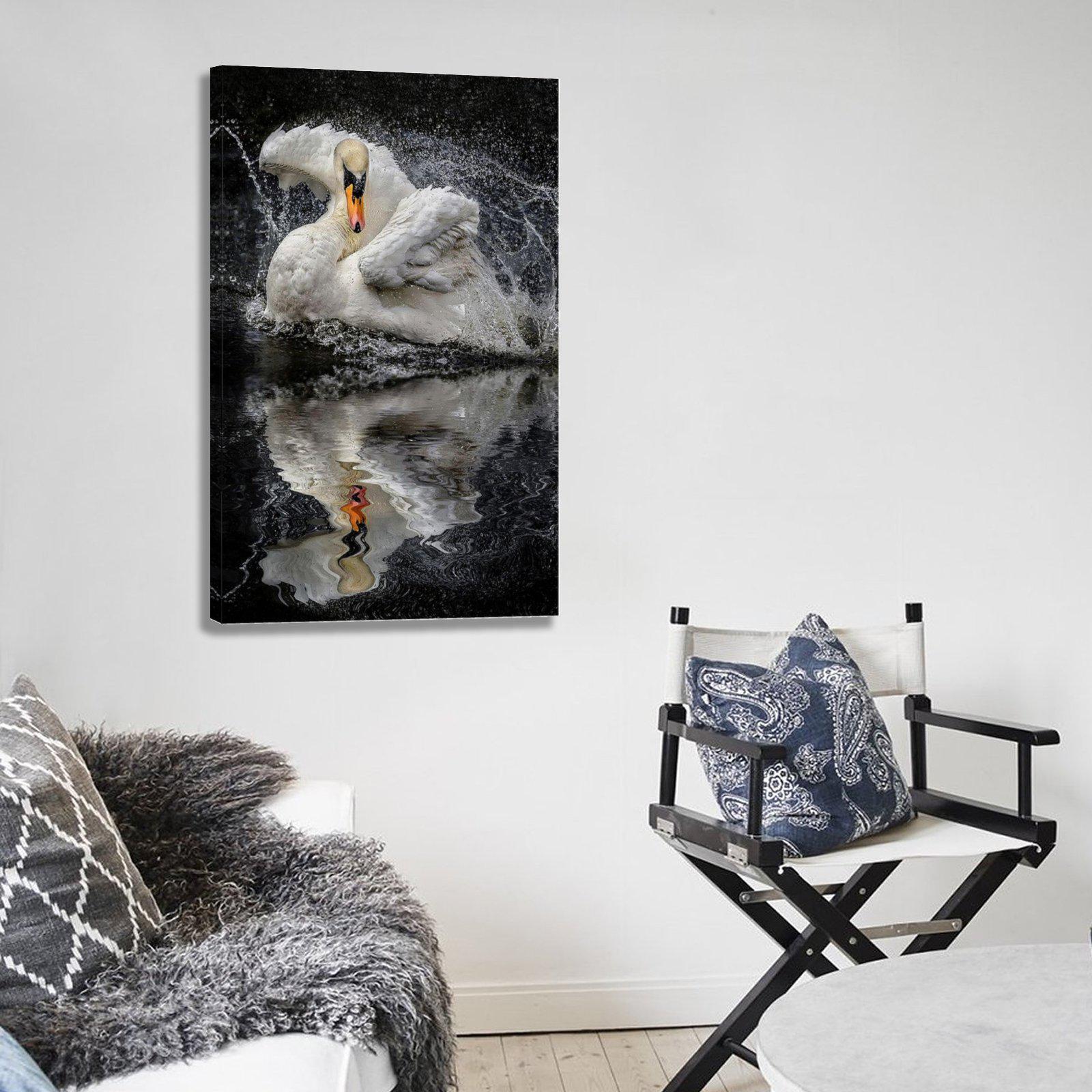 Dramatic Swan Splash Canvas Print, Wildlife Wall Art, Water Reflection ...