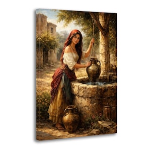May include: A canvas print depicts a woman drawing water from a well. She wears a white blouse, a red skirt, and a headscarf. The well is made of stone, and the scene is set in a sunlit village with trees and buildings.