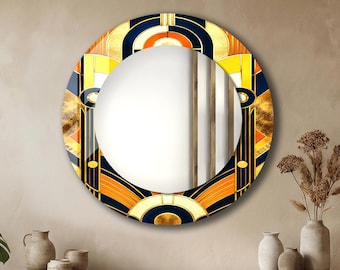 Art Deco gouden spiegel, luxe geometrische wanddecoratie, accent van gehard glas