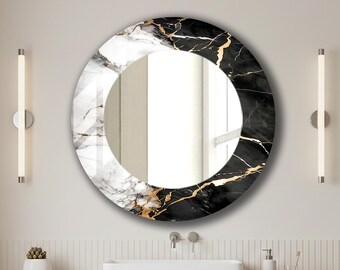 Espejo de pared redondo en blanco y negro con temática de mármol: Decoración moderna extragrande para sala de estar y baño.