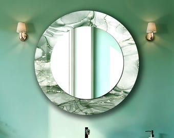 Espejo de pared redondo de color verde con temática de mármol: Decoración moderna extragrande para sala de estar y baño.