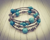 Turquoise and Silver Memory Wire Wrap Bohemian Gemstone Cuff Bracelet - [B3]