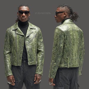 Men's Green Snake Embossed Cow Leather Biker Jacket , Handmade Python Texture Moto Jacket , Luxury Motorcycle Jacket