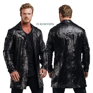 May include: A black, long-sleeved coat with a textured, snake-skin pattern. The coat has a notched collar and a button closure. The image shows the front and back of the coat. The text "FURSMITHPK" is visible.