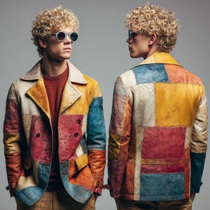 May include: A patchwork leather jacket featuring rectangular panels in shades of yellow, red, blue, and off-white. The jacket has a wide collar, long sleeves, and a double-breasted front closure with visible buttons, worn over a dark red sweater.