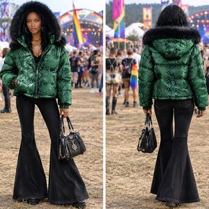 Women's Green Snake Embossed Cow Leather Faux Fur Hooded Puffer Jacket, Gift for her