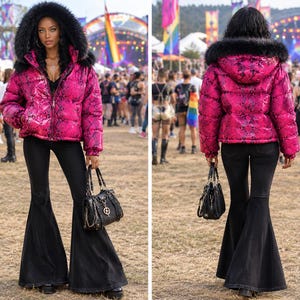 Women's Hot Pink Snake Embossed Cow Leather Faux Fur Hooded Puffer Jacket,Gift for Her