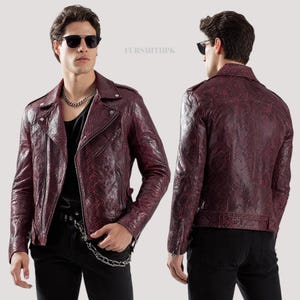 Men's Burgundy Snake Embossed Cow Leather Biker Jacket , Handmade Python Embossed Moto Jacket