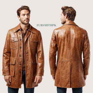 May include: A brown leather jacket with a button-up front, two chest pockets, and two lower pockets. The jacket has a collared neckline and long sleeves. The text "FURSMITHPK" is visible on the image.