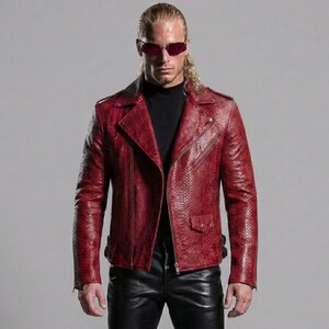 Red Snake Embossed Leather Biker Jacket Men's Motorcycle Jacket,Anniversary gift