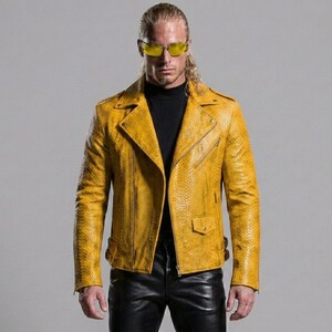 Yellow Snake Embossed Leather Biker Jacket Men's Motorcycle Jacket