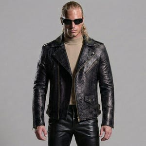 Blouson de motard en cuir noir gaufré motif serpent, veste de moto pour homme, cadeau pour petit ami