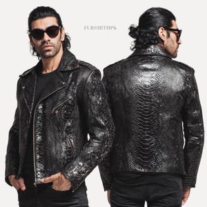 Men's Black Snake Embossed Cow Leather Biker Jacket , Handmade Python Embossed Moto Jacket