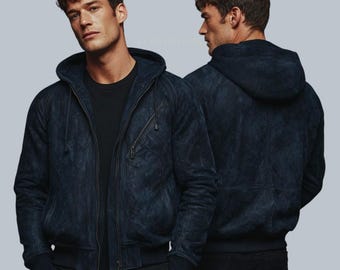 Giacca bomber da uomo in pelle scamosciata con cappuccio, blu navy, con cerniera, ideale come regalo per lui.