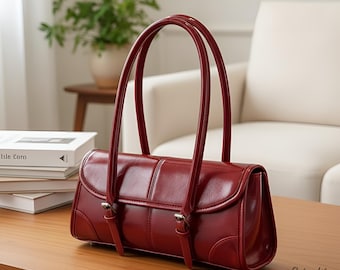 Bolso de hombro rojo vintage para mujer, bolso baguette retro, bolso de cuero estilo Y2K, elegante bolso de hombro, bolso clásico para el día a día.