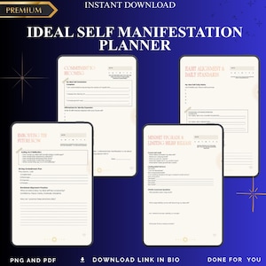 Könnte beinhalten: Ein digitaler Selbstmanifestationsplaner mit vier Seiten auf dunklem blauem Hintergrund. Der Planer enthält Abschnitte wie "Commitment to Becoming" und "Mindset Upgrade". Der Text enthält "Instant Download" und "Download Link in Bio".