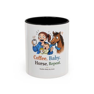 Coffee Baby Horse Repeat mug | Cartoon mom, baby and horse illustration