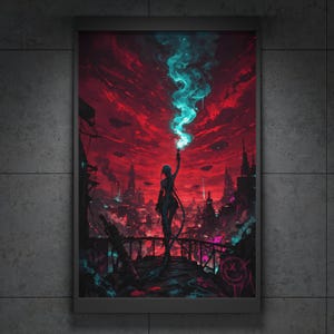 Arcane-inspirerad Jinx-affisch PNG | Cyberpunk-gamerväggkonst | Digital nedladdning i ligastil | Konsttryck i röd neonstad | Gaming lol-rumsdekor
