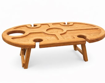 Mesa de vino de madera, regalo para parejas, mesa de picnic de roble hecha a mano para 4 copas, accesorio romántico para disfrutar del vino al aire libre.