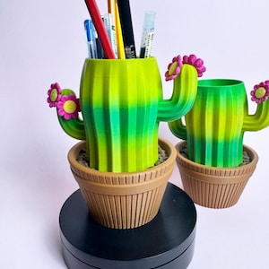 Puede incluir: Dos portalápices con forma de cactus en una maceta marrón, llenos de bolígrafos y lápices. El cactus es verde y amarillo con flores rosas. Las macetas están sobre una base negra.