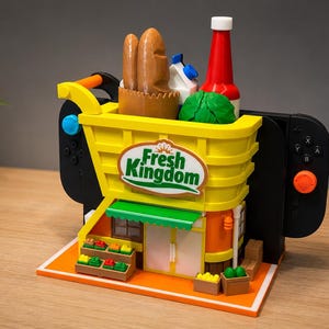 Op de afbeelding: Een geel en oranje Nintendo Switch-dock met het thema Fresh Kingdom. Het dock heeft de vorm van een kruidenierswinkel met een groen luifel en een winkelwagen vol etenswaren. Het dock heeft een witte basis.