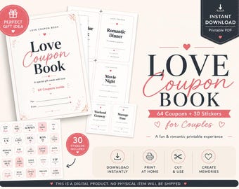 Love Coupon Book for Couples | 64 Romantic Coupons + 30 Stickers (Digital Download)