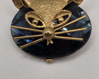 1960's Cat face brooch on blue crystal