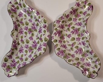 Mid-Century Violet Chintz pair of Bone Plates