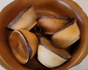 1950's Live edge wood Master Nut bowl and 5 live edge individual nut bowls