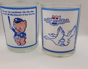 1970's Airline humor pair of barware glasses