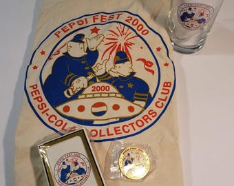 2000 Pepsi Fest Collectors Club Tote, Playing Cards, Glass and pin