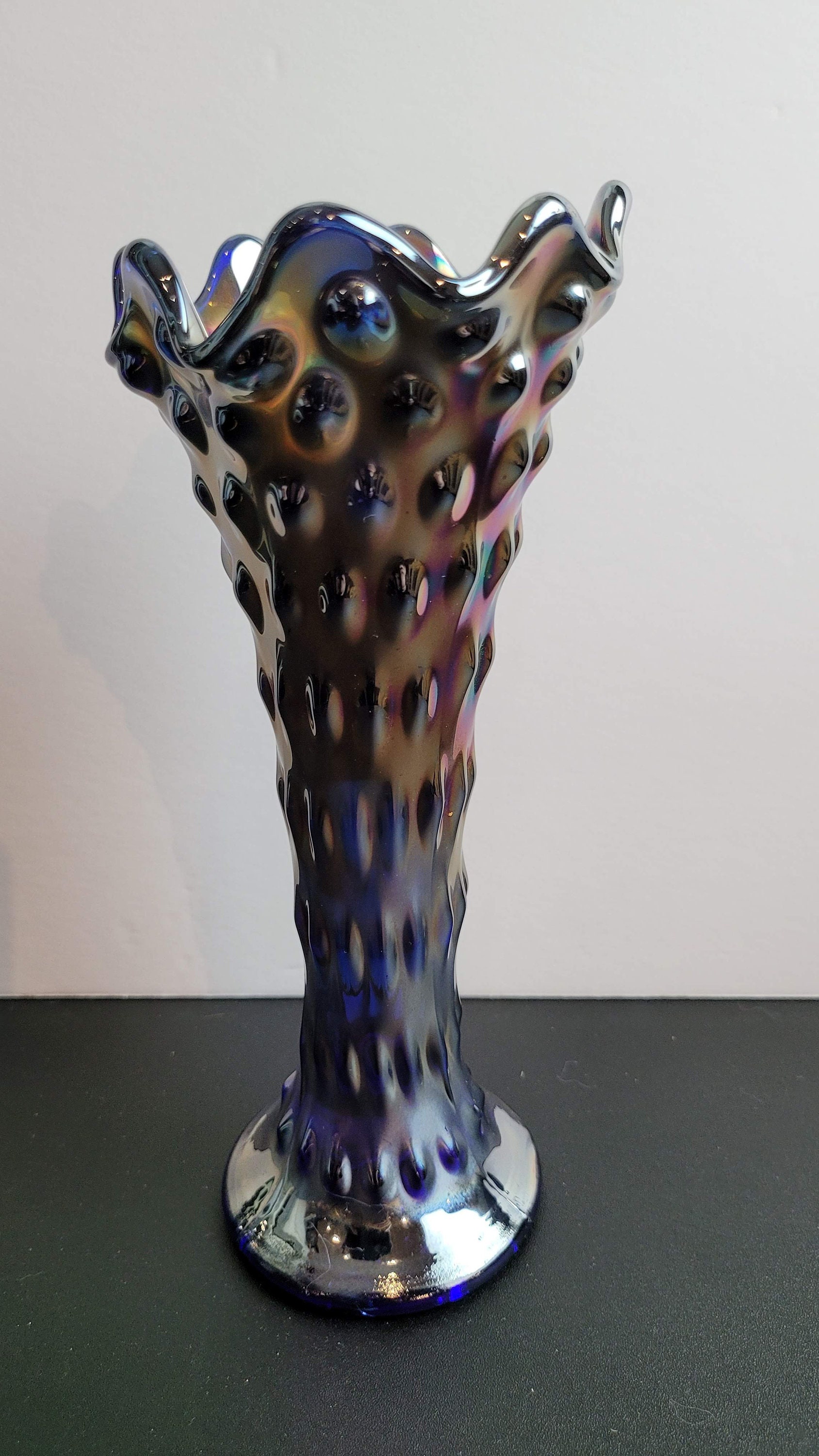 1911 Fenton Blue Carnival Glass Rustic Hobnail Funeral Vase