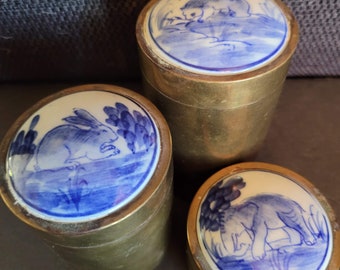 Vintage brass and ceramic small cannisters -blue delft