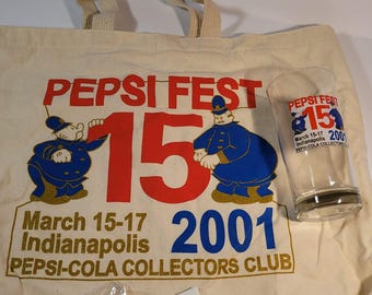 2001 Pepsi Cola Collectors Fest Canvas Bag, collectors Glass and 2 pins