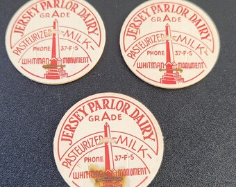 Jersey Parlor Dairy, 1/2 pint milk bottle toppers, new old stock set of 3