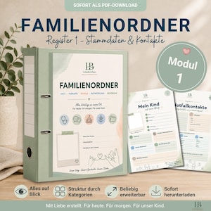 Op de afbeelding: Een saliegroene ordner met het label FAMILIENORDNER en bijbehorende documenten. De omslag bevat de tekst Register 1 - Stammdaten & Kontakte, iconen voor medische en schoolgegevens en een hartje. Twee interne pagina's tonen formulieren voor kindgegevens.